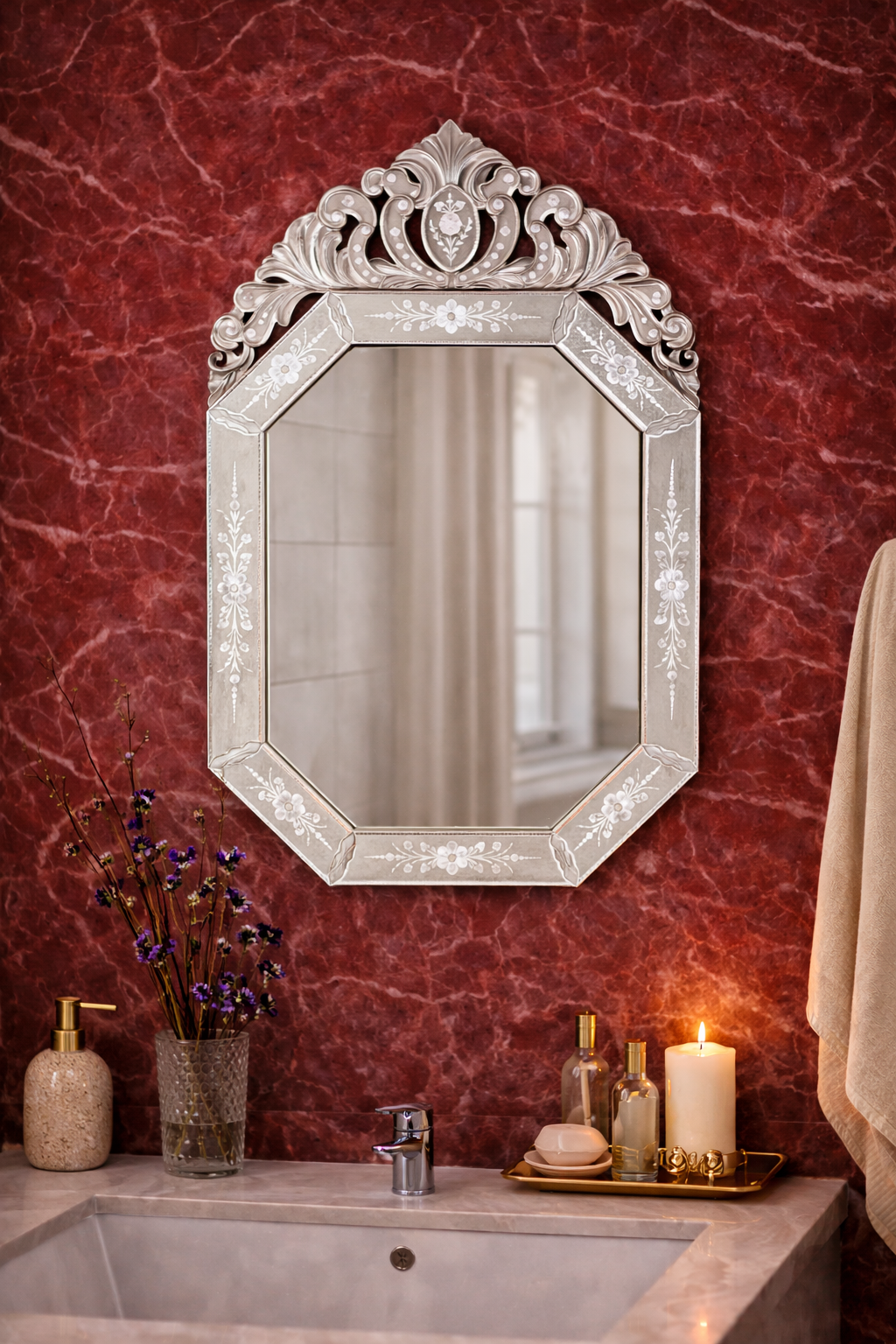 Crowned Floral Octagon Mirror Crowned Floral Octagon Mirror